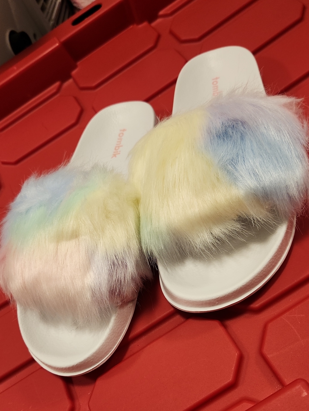 Pastel Rainbow Faux Fur Slide Sandals - White